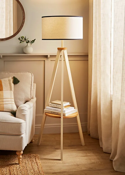 ValueLights Morrigan Cream Shelf Floor Lamp with Linen Black Trim Shade - One Size Image 1
