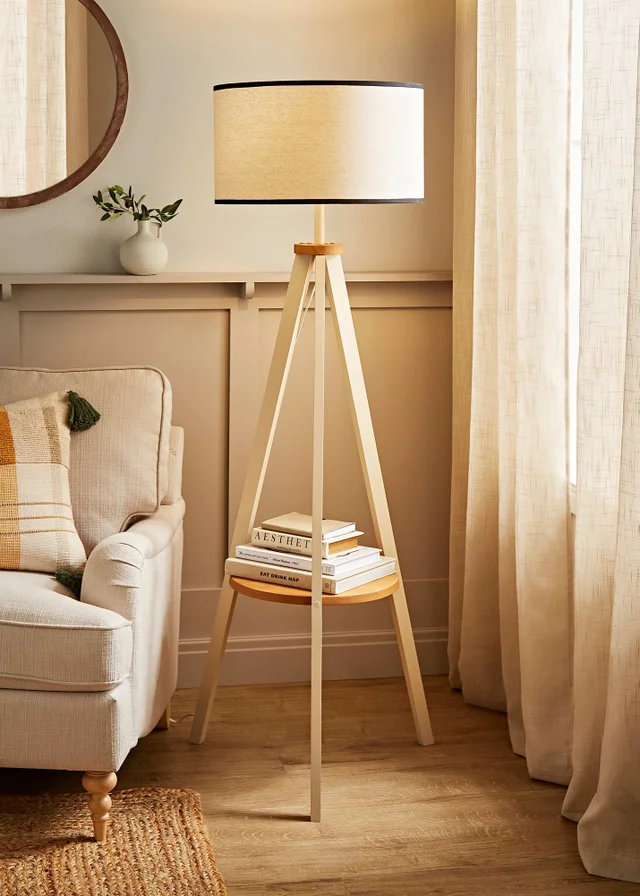ValueLights Morrigan Cream Shelf Floor Lamp with Linen Black Trim Shade