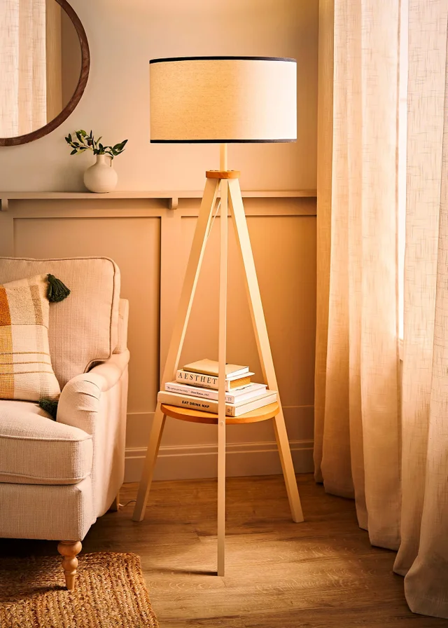 ValueLights Morrigan Cream Shelf Floor Lamp with Linen Black Trim Shade