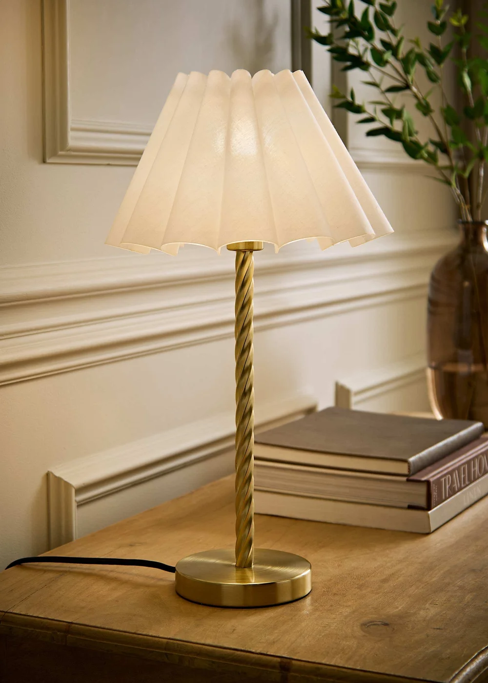 ValueLights Maura Twist Brushed Gold Table Lamp with White Pleated Shade - One Size Image 1