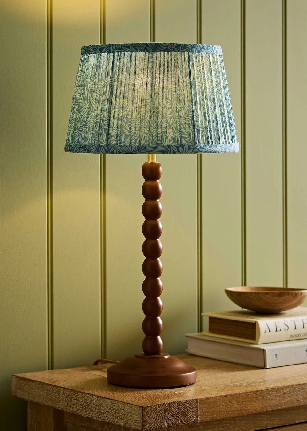 ValueLights Bobble Walnut Table Lamp with Blue Leaf Pleated Shade - One Size Image 1
