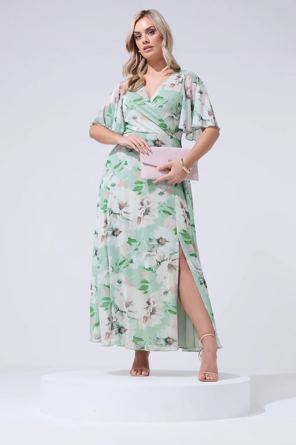 Yours London Curve Sage Green Floral Wrap Mesh Dress - 14 | Matalan Yours London Curve Sage Green Floral Wrap Mesh Dress - 14 | Matalan