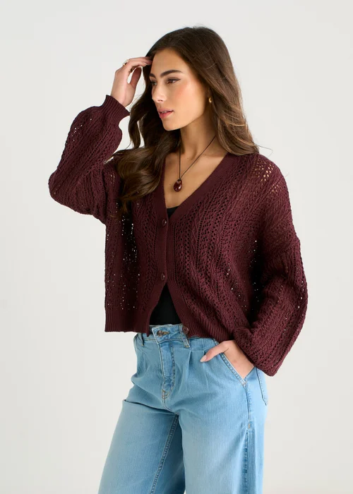 Gini London Chocolate Crochet Knit Long Sleeves Cardigan - L/XL Image 4