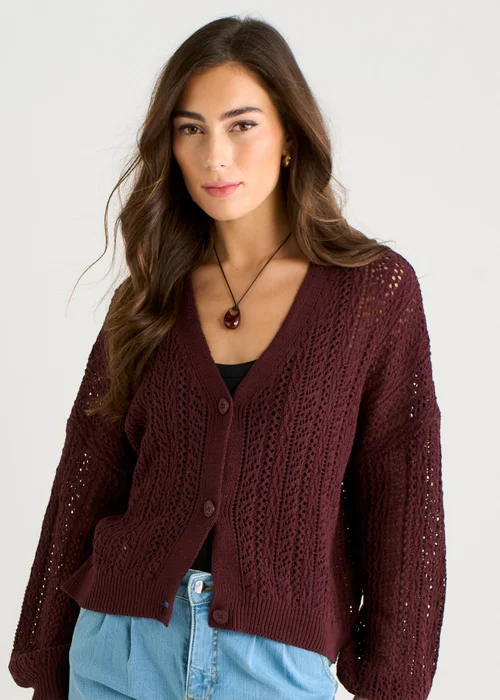 Gini London Chocolate Crochet Knit Long Sleeves Cardigan - L/XL Image 3