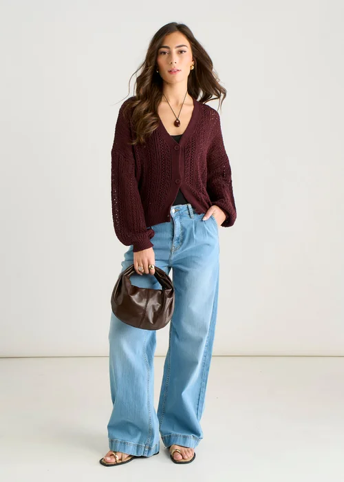 Gini London Chocolate Crochet Knit Long Sleeves Cardigan - L/XL Image 1