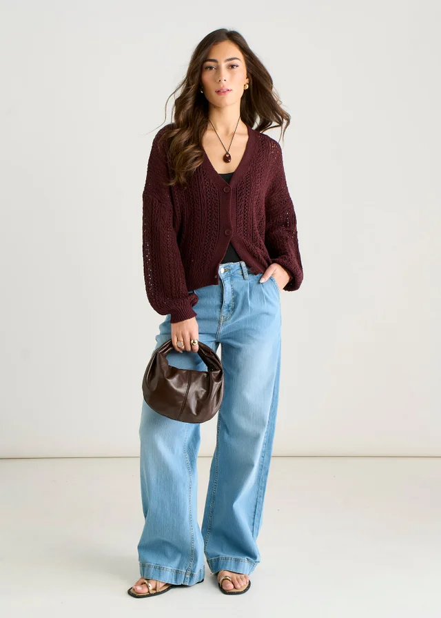 Gini London Chocolate Crochet Knit Long Sleeves Cardigan