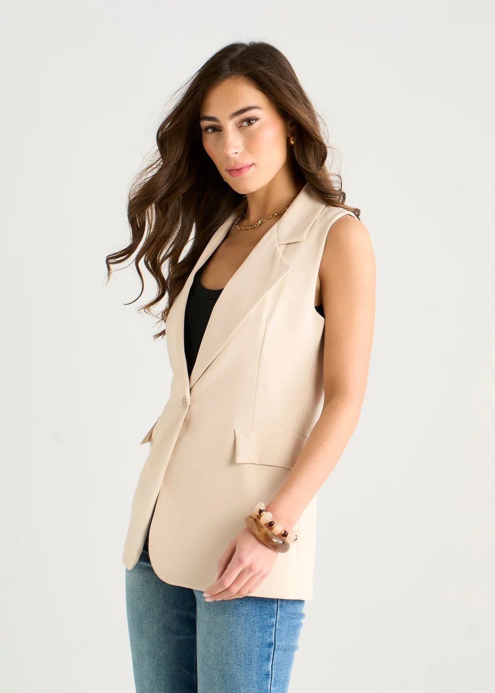 Gini London Beige Tailored Contrast Lining Longline Waistcoat - S/M Image 4