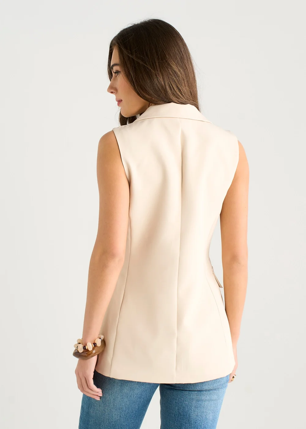 Gini London Beige Tailored Contrast Lining Longline Waistcoat - S/M Image 2