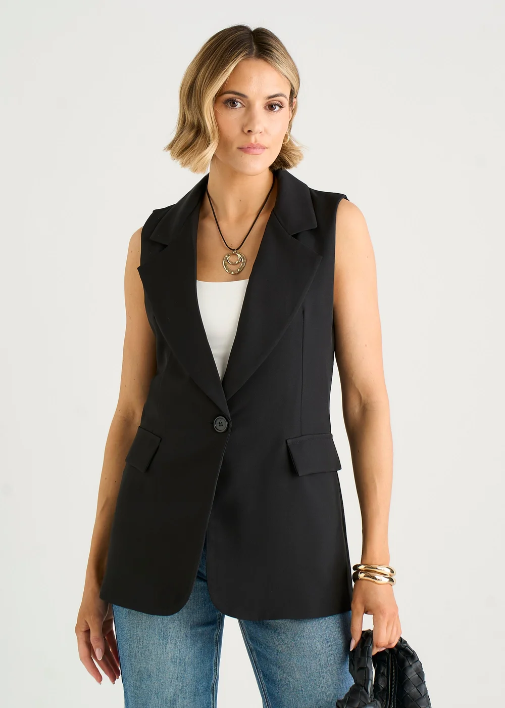 Gini London Black Tailored Contrast Lining Longline Waistcoat - M/L Image 3