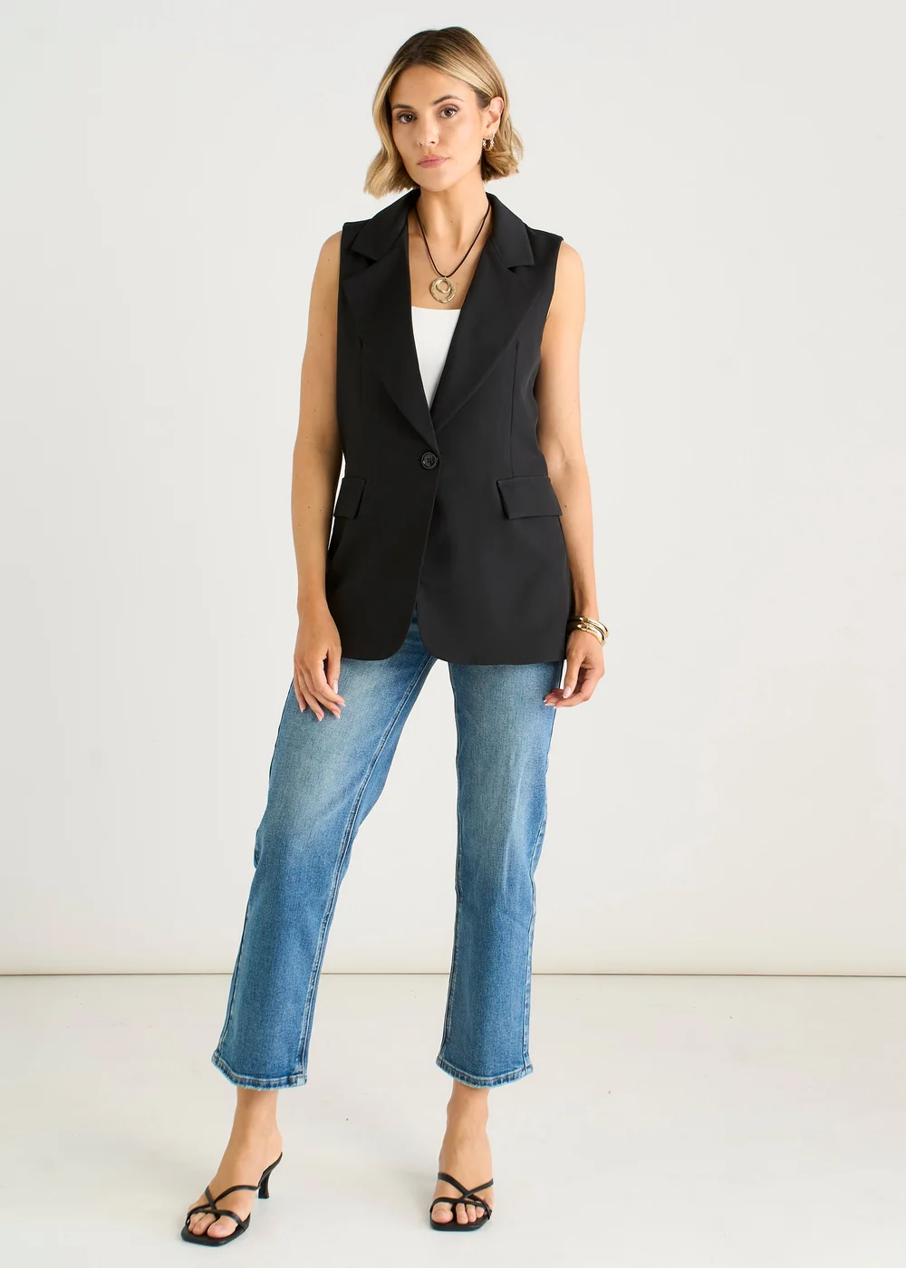 Gini London Black Tailored Contrast Lining Longline Waistcoat - M/L Image 1