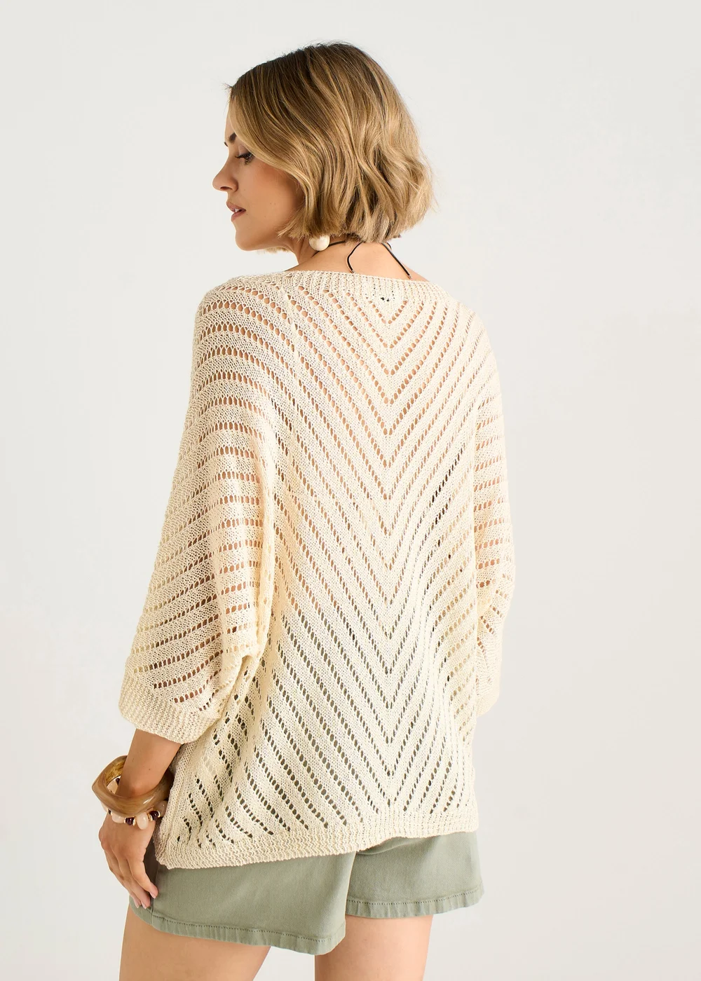Gini London Beige V-Neck Chevron Crochet Knit Top - L/XL Image 2