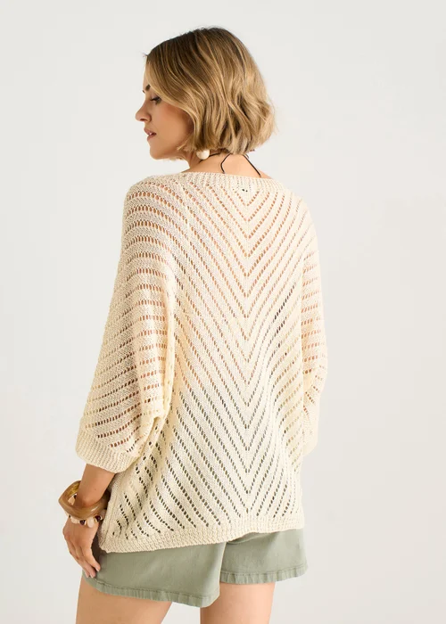 Gini London Beige V-Neck Chevron Crochet Knit Top - L/XL Image 2