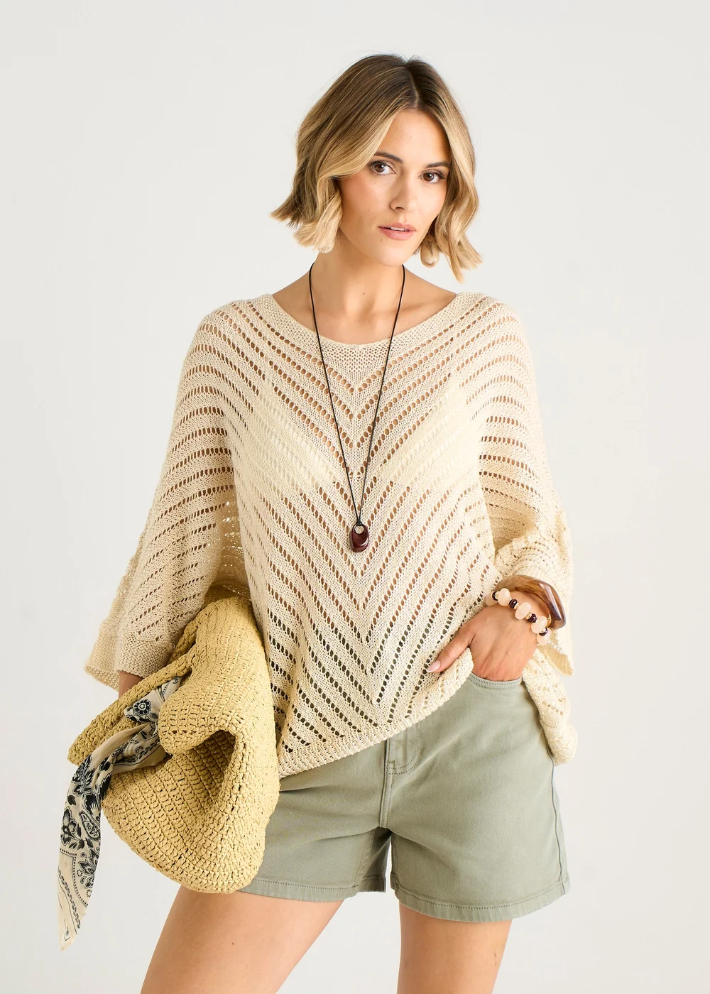 Gini London Beige V-Neck Chevron Crochet Knit Top - L/XL Image 3