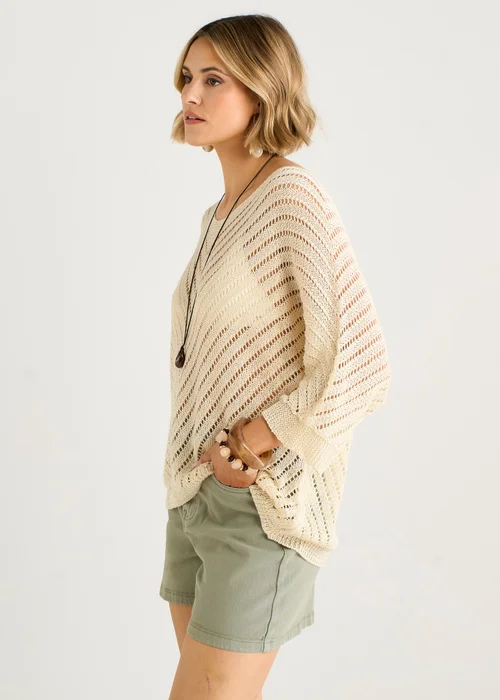 Gini London Beige V-Neck Chevron Crochet Knit Top - L/XL Image 4