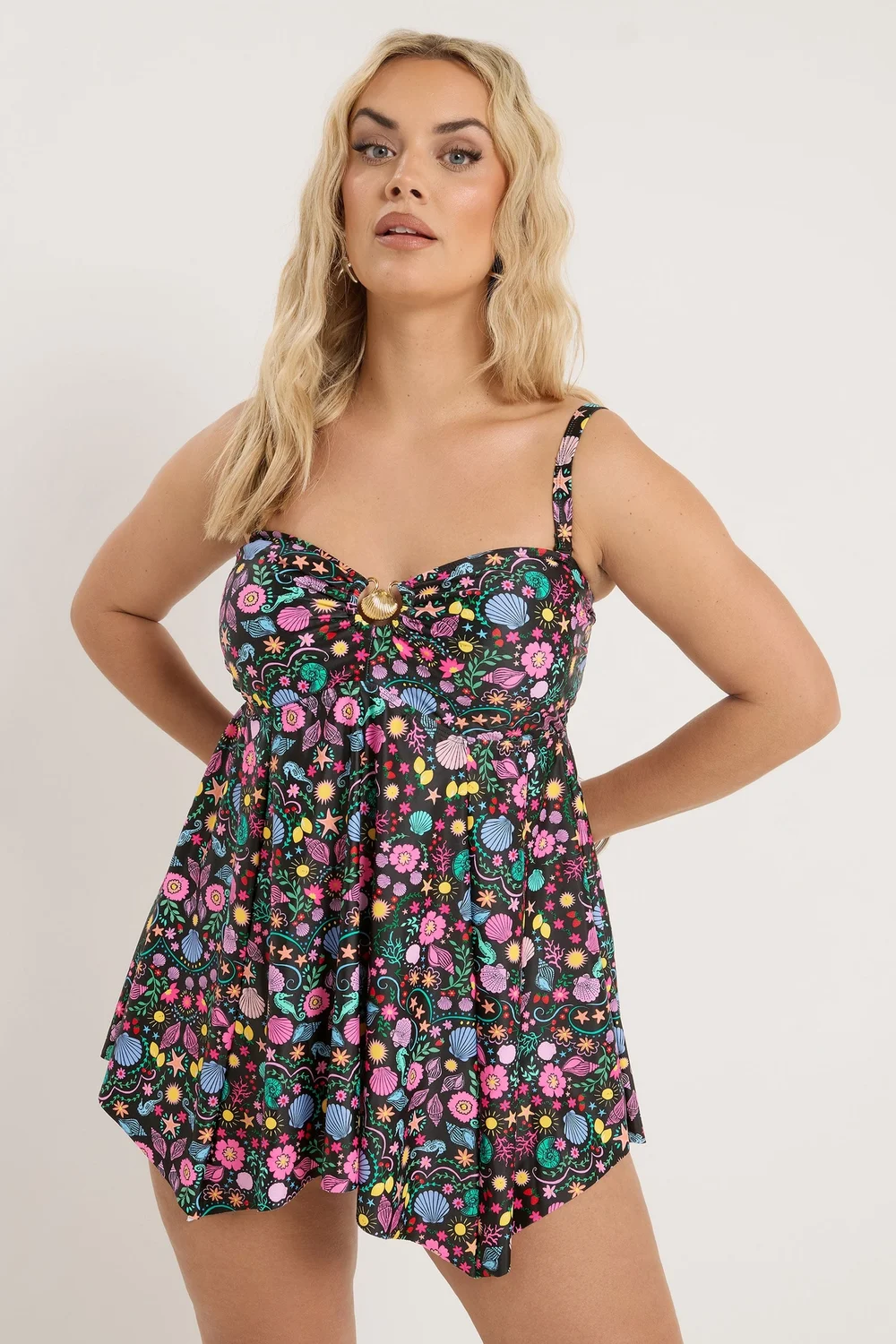 Yours Curve Black Shell Print Tankini Top - 34-36 Image 1