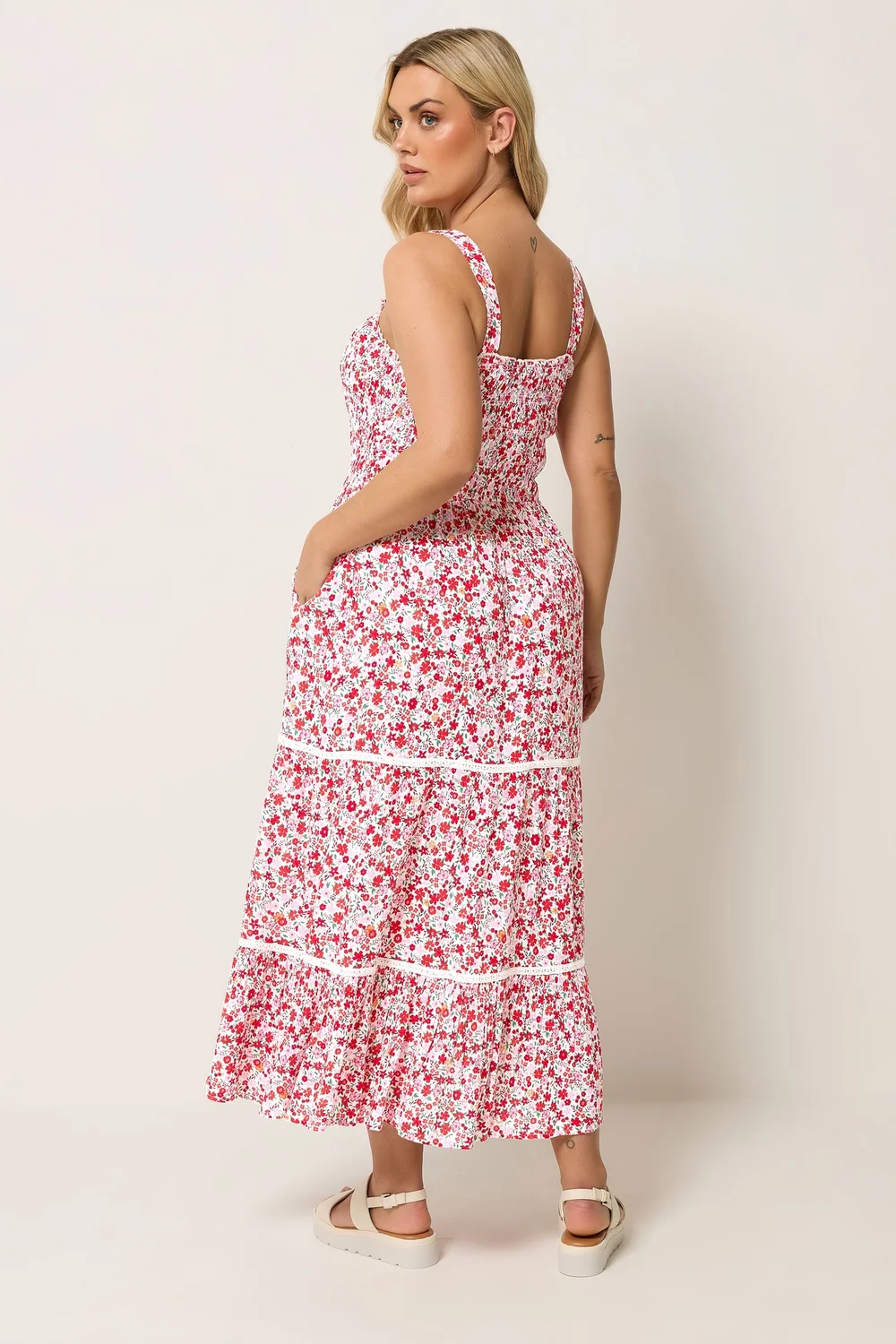 Yours Curve Pink Shirred Floral Placket Dress - 26-28 Image 3
