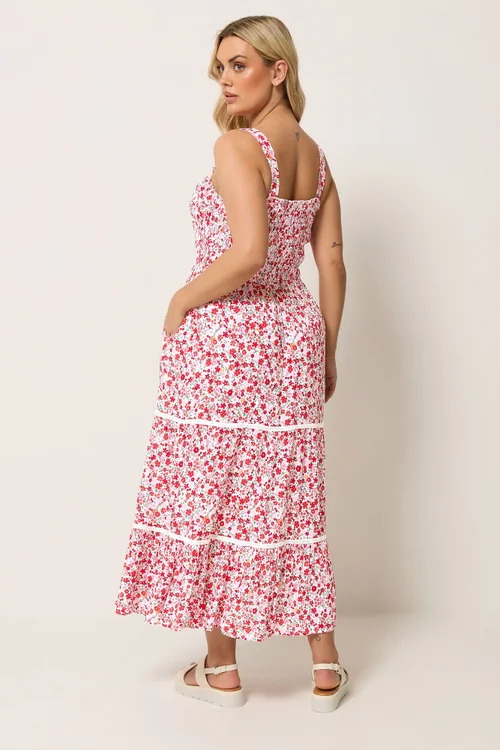 Yours Curve Pink Shirred Floral Placket Dress - 26-28 Image 3