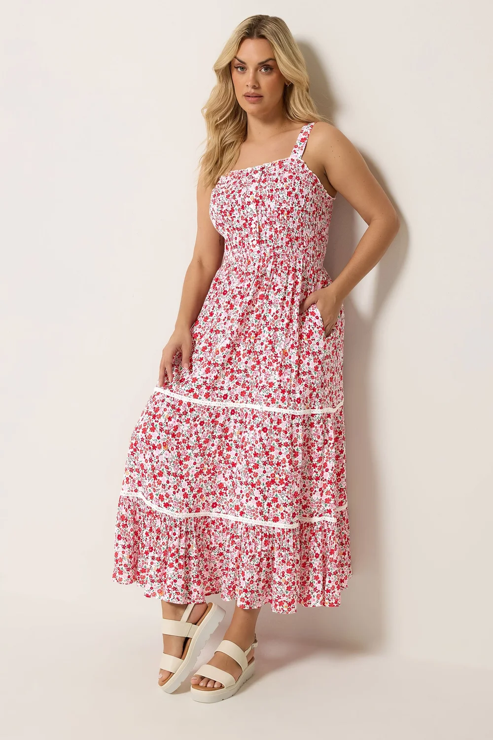 Yours Curve Pink Shirred Floral Placket Dress - 26-28 Image 1