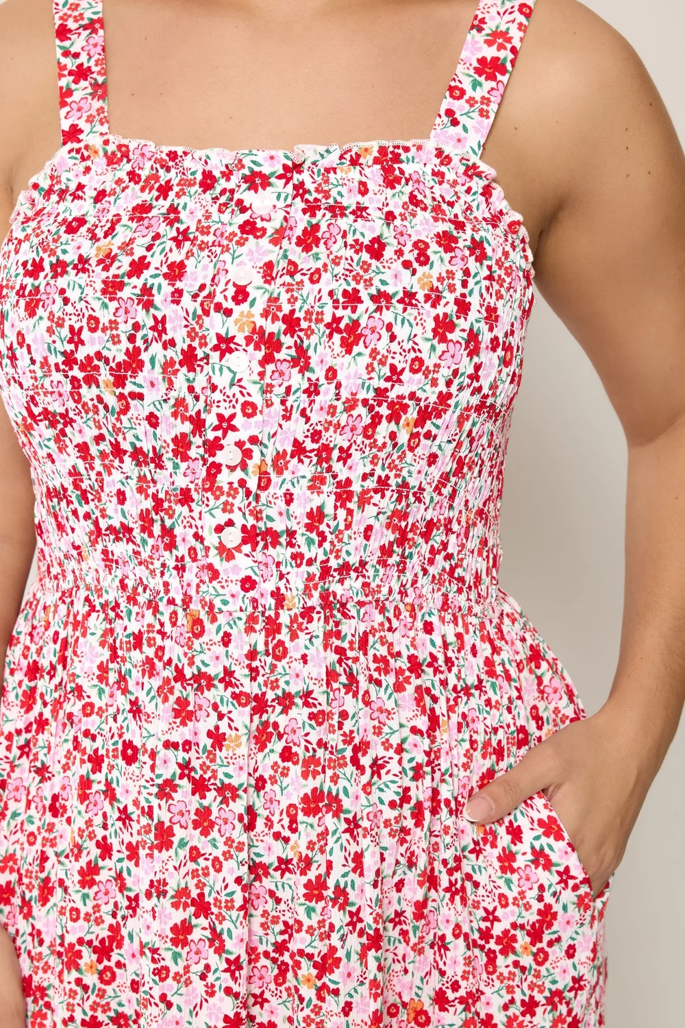 Yours Curve Pink Shirred Floral Placket Dress - 26-28 Image 4