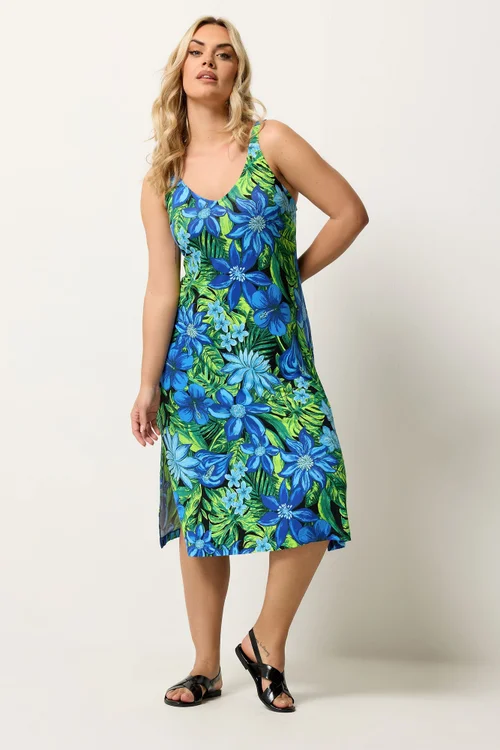 Yours Curve Blue Tropical Print Midi Dress - 30-32 Image 2