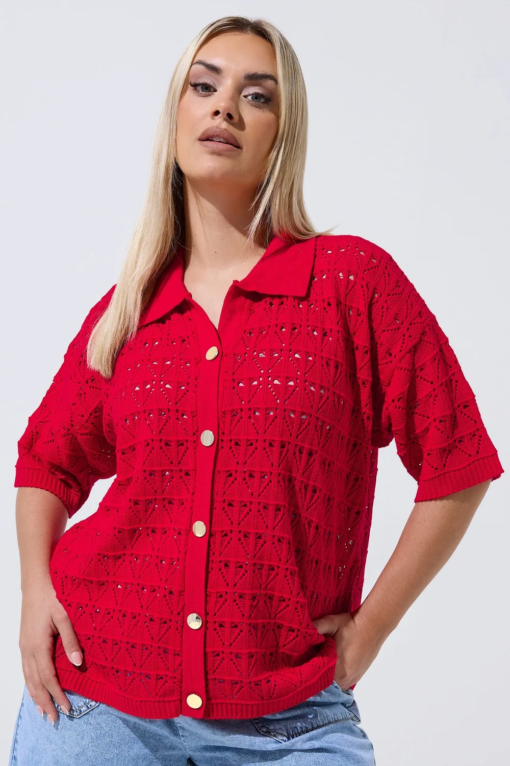 Yours Limited Curve Red Crochet Shirt - 14-16 Image 1