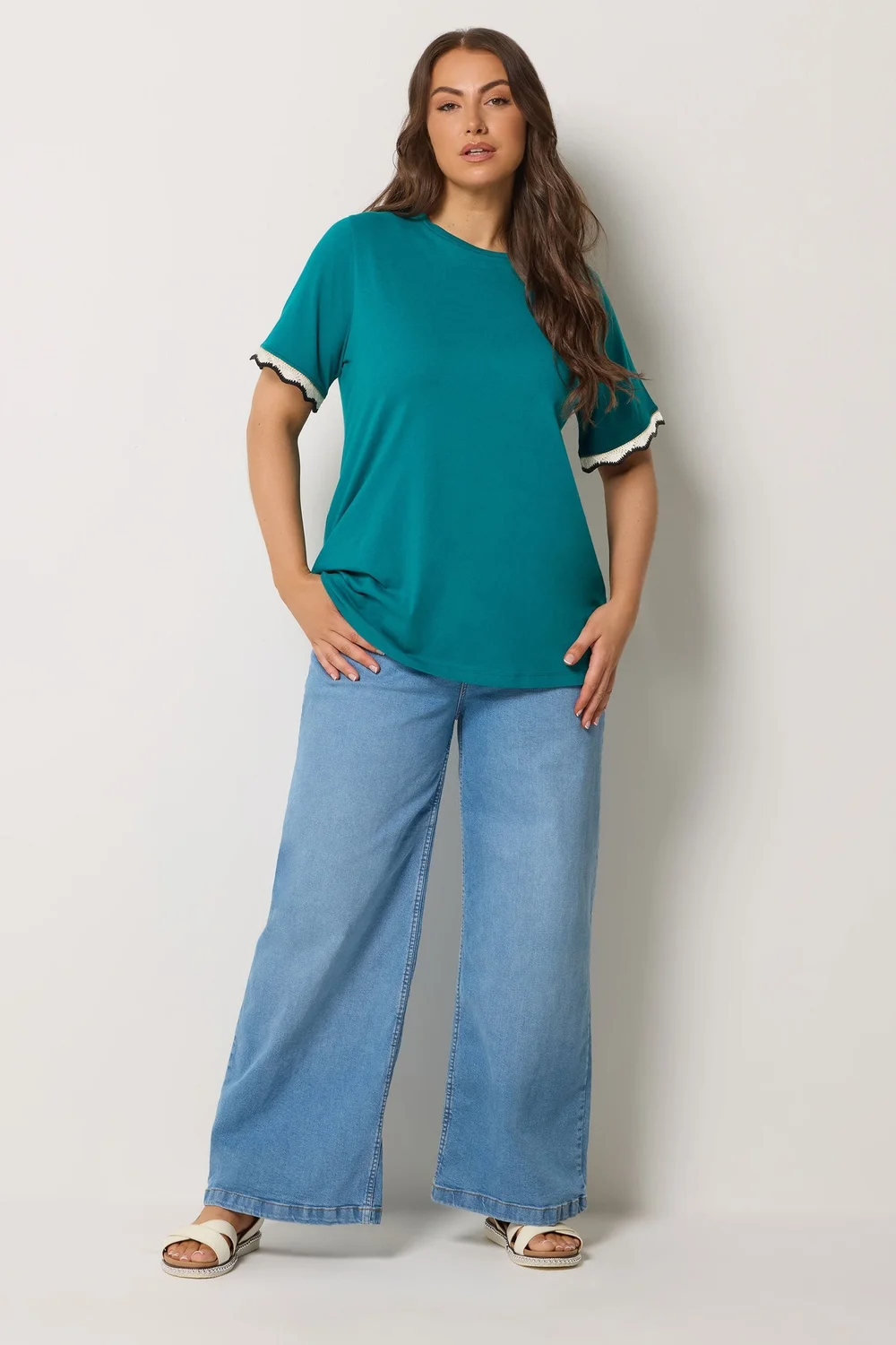 Yours Curve Teal Blue Metallic Crochet Trim T-Shirt - 14 Image 2