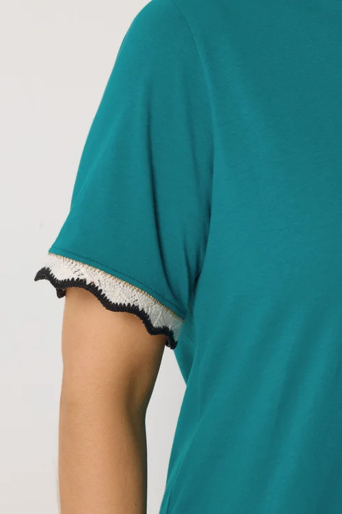Yours Curve Teal Blue Metallic Crochet Trim T-Shirt - 14 Image 4