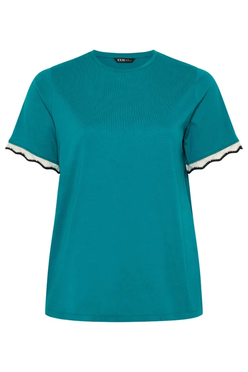 Yours Curve Teal Blue Metallic Crochet Trim T-Shirt - 14 Image 5