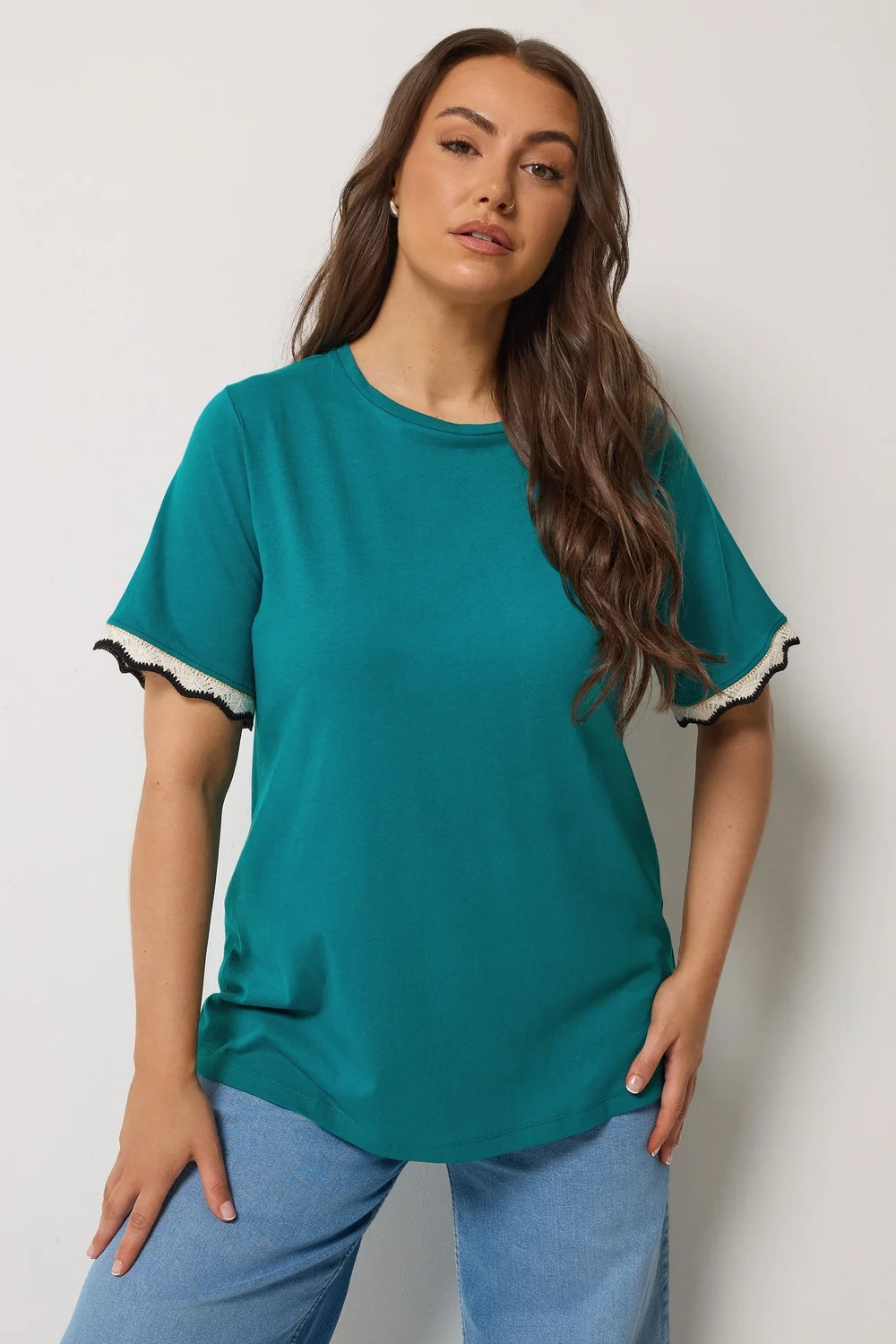 Yours Curve Teal Blue Metallic Crochet Trim T-Shirt - 14 Image 1