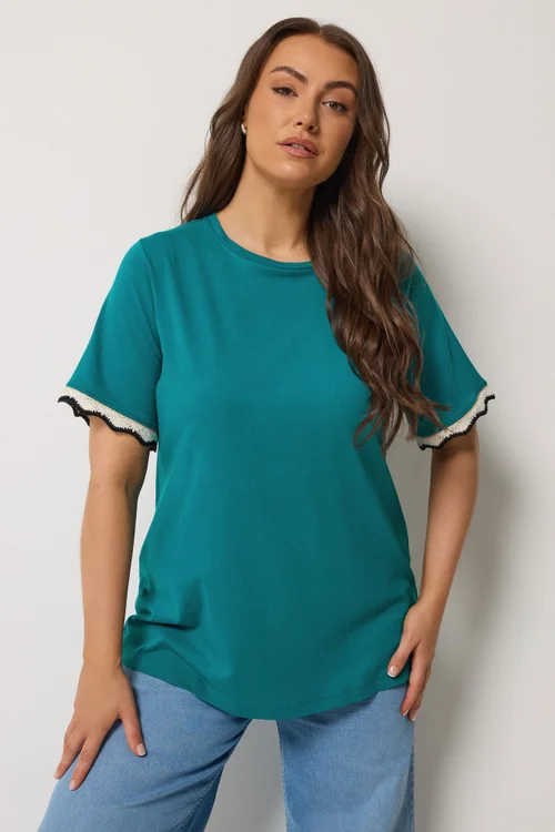 Yours Curve Teal Blue Metallic Crochet Trim T-Shirt - 14 Image 1