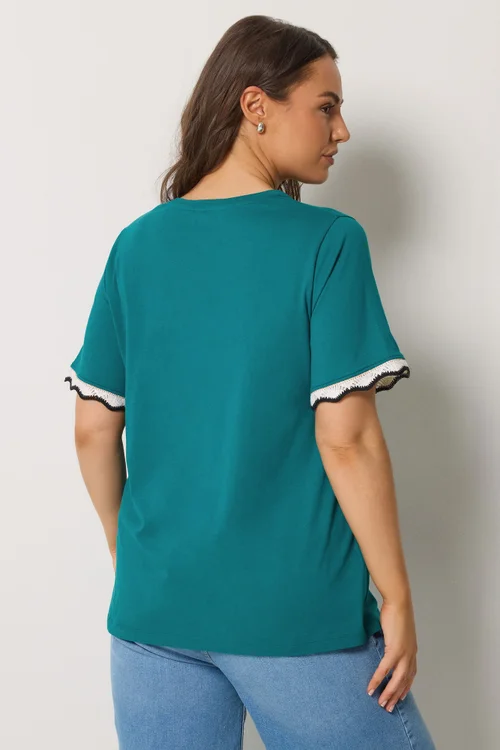 Yours Curve Teal Blue Metallic Crochet Trim T-Shirt - 14 Image 3