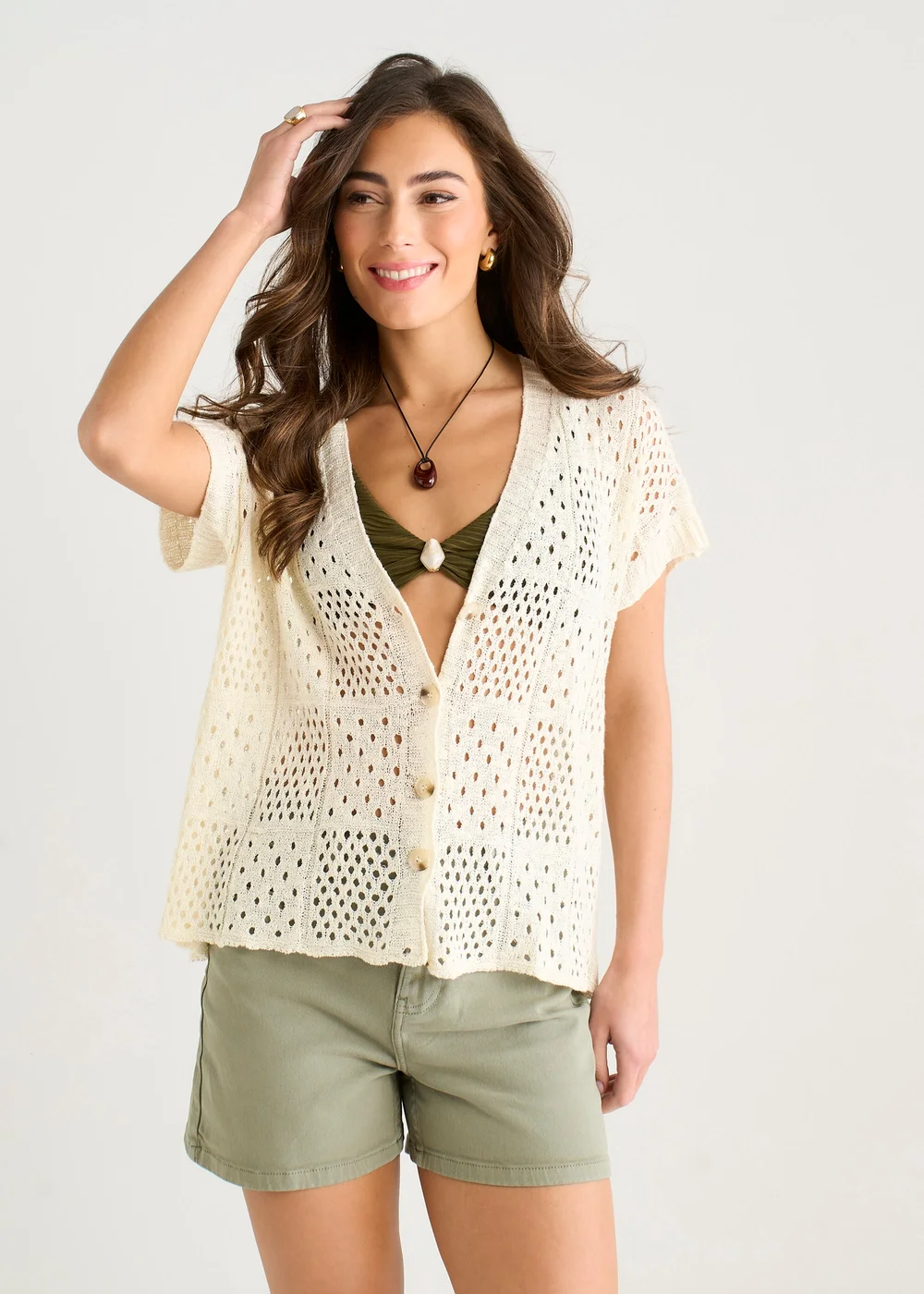 Gini London Beige Crochet Button Front Cardigan - L/XL Image 1