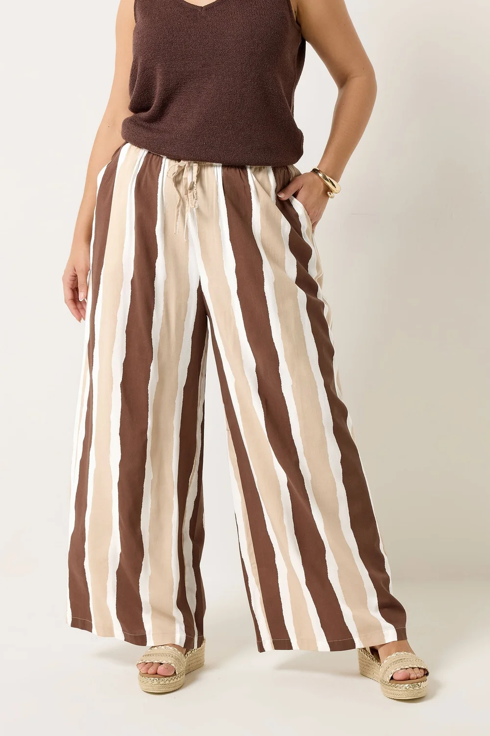 Yours Curve Brown Striped Wide Leg Trousers - 22-24 Image 1