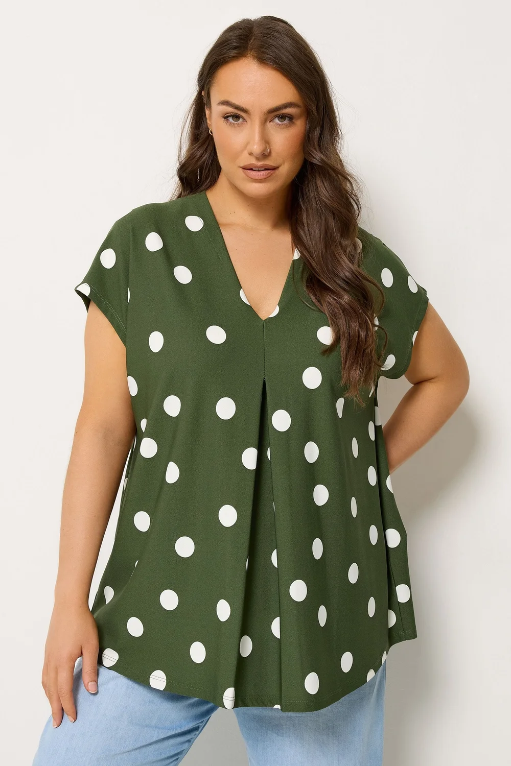 Yours Curve Khaki Green Polka Dot Grown On T-Shirt - 26-28 Image 1