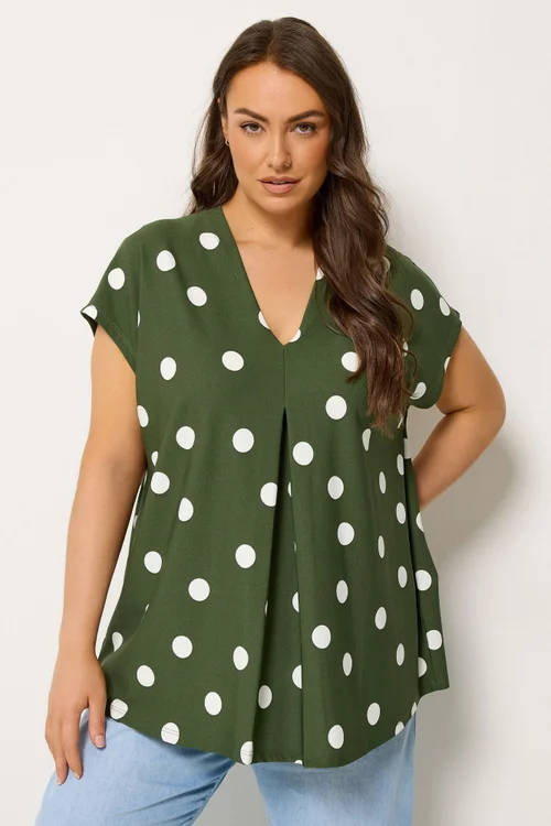 Yours Curve Khaki Green Polka Dot Grown On T-Shirt - 26-28 Image 1