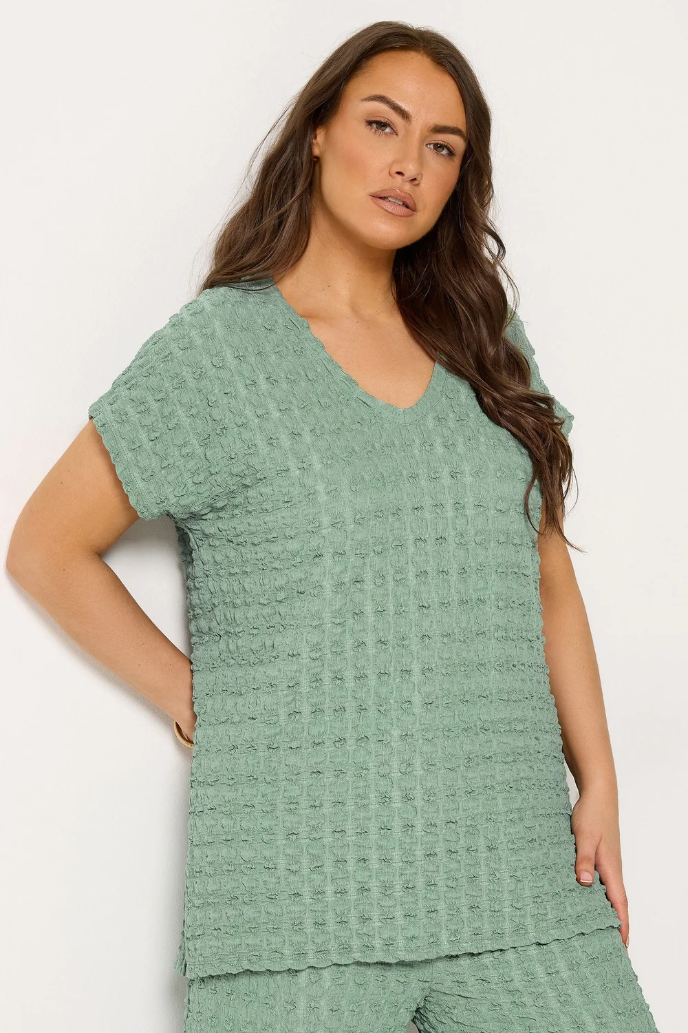 Yours Curve Sage Green Bubble Textured T-Shirt - 26-28 Image 1