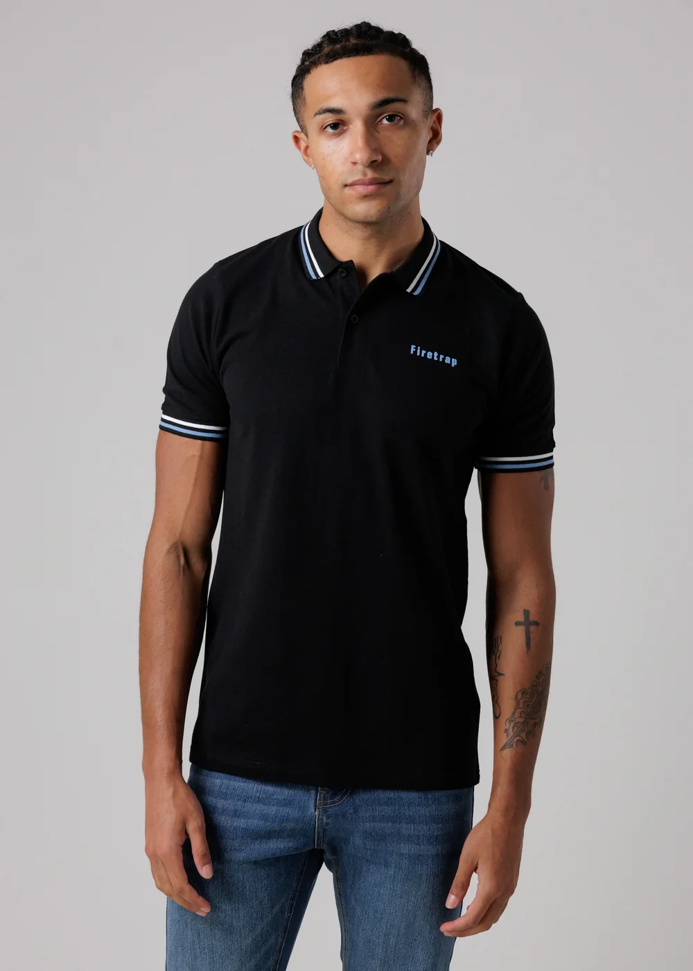 Firetrap Black Regular Fit Cotton Button Polo Shirt With Stripe Detail - M Image 1