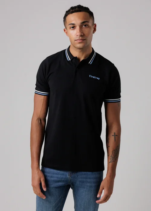 Firetrap Black Regular Fit Cotton Button Polo Shirt With Stripe Detail - M Image 1