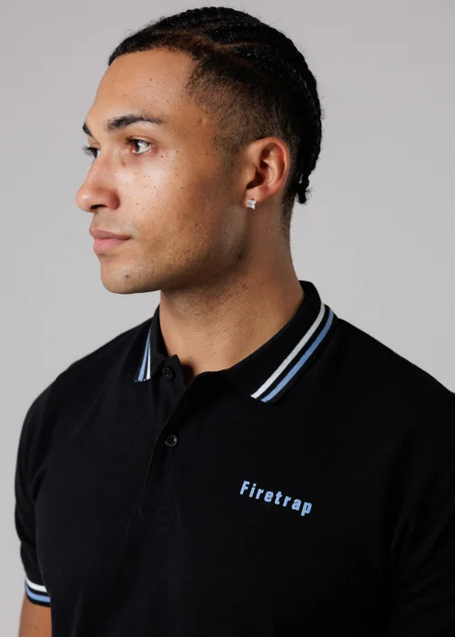 Firetrap Black Regular Fit Cotton Button Polo Shirt With Stripe Detail - M Image 3