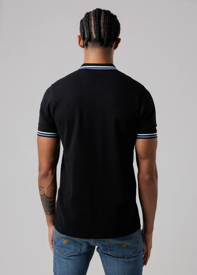 Firetrap Black Regular Fit Cotton Button Polo Shirt With Stripe Detail