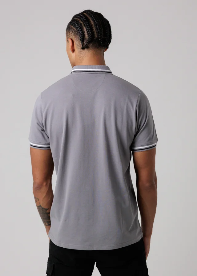 Firetrap Dark Grey Regular Fit Cotton Button Polo Shirt With Stripe Detail