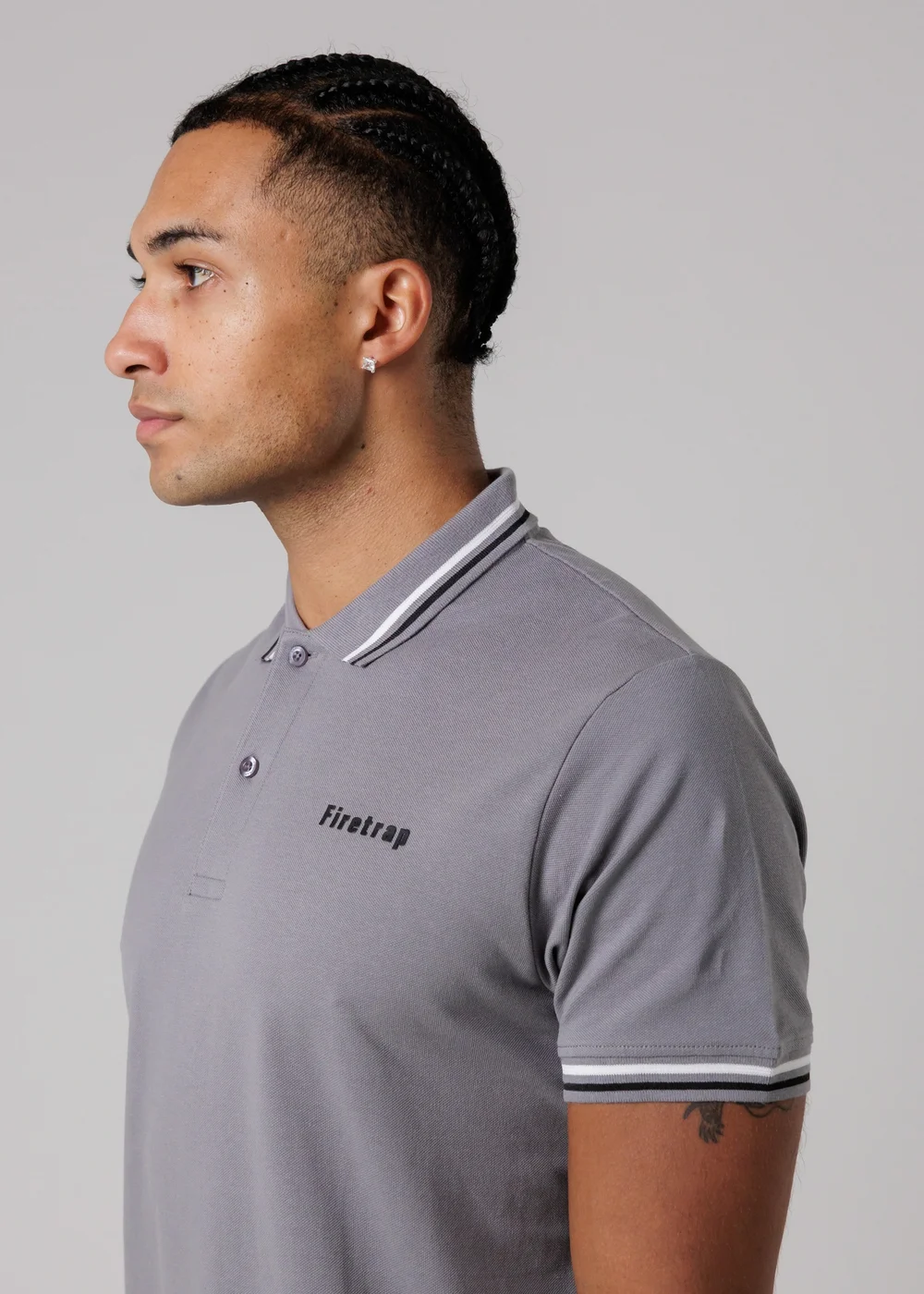 Firetrap Dark Grey Regular Fit Cotton Button Polo Shirt With Stripe Detail - XL Image 3