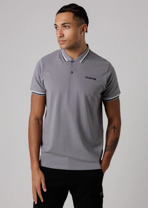 Firetrap Dark Grey Regular Fit Cotton Button Polo Shirt With Stripe Detail - XL Image 1