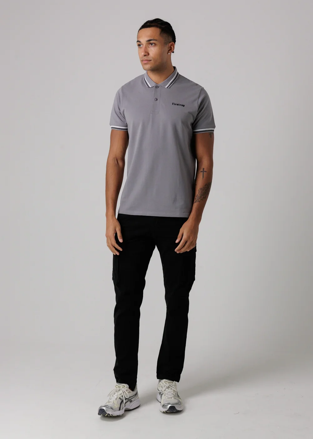 Firetrap Dark Grey Regular Fit Cotton Button Polo Shirt With Stripe Detail - XL Image 4