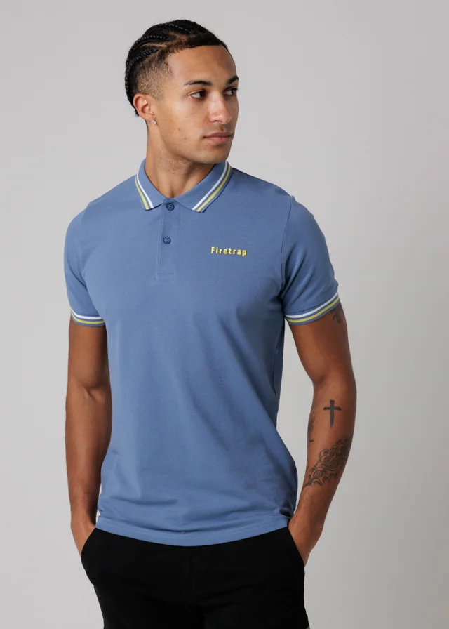 Firetrap Navy Regular Fit Cotton Button Polo Shirt With Stripe Detail