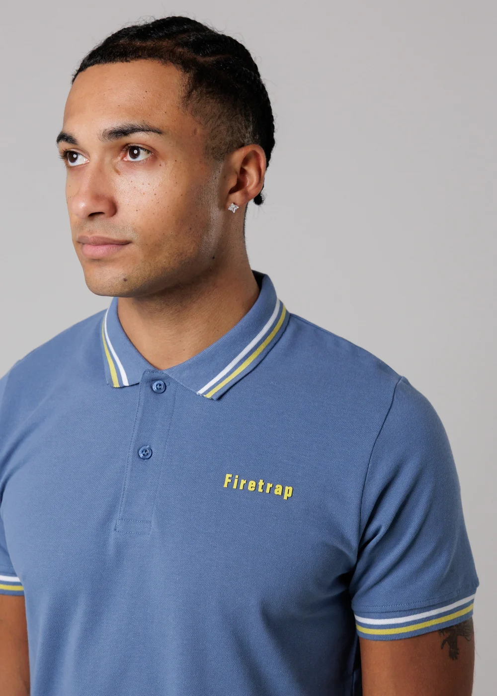 Firetrap Navy Regular Fit Cotton Button Polo Shirt With Stripe Detail - L Image 3