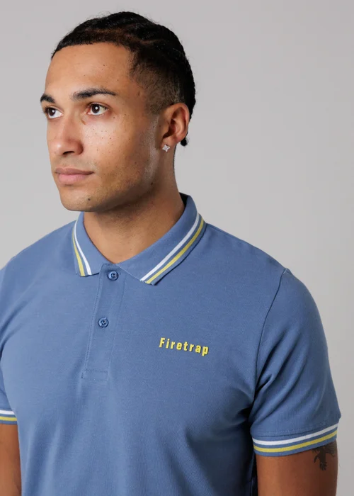 Firetrap Navy Regular Fit Cotton Button Polo Shirt With Stripe Detail - L Image 3
