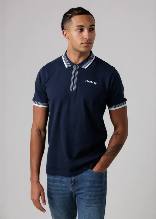 Firetrap Navy Regular Fit Cotton Zip Polo Shirt With Gradient Stripes - 2XL Image 1