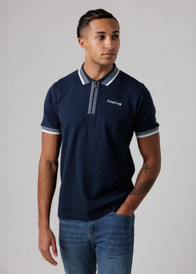 Firetrap Navy Regular Fit Cotton Zip Polo Shirt With Gradient Stripes