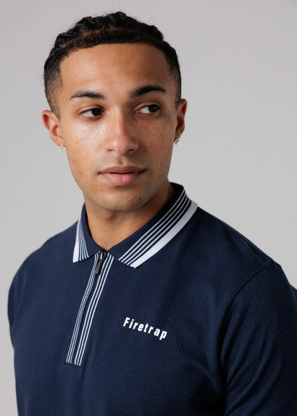 Firetrap Navy Regular Fit Cotton Zip Polo Shirt With Gradient Stripes - 2XL Image 3